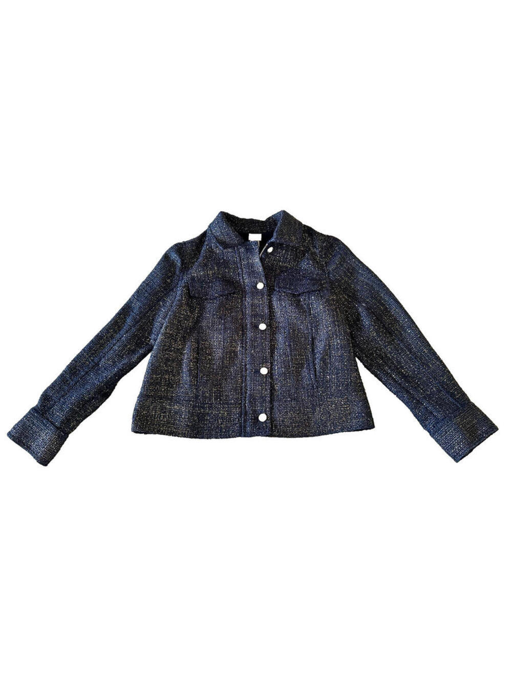 NWT Chico's Navy Blue Foil Tweed Classic Jacket Long Sleeve Blazer Lined 1 M 8